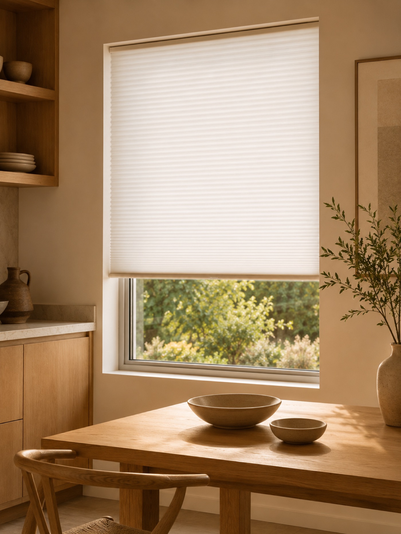 A warm dining nook with a honeycomb shade above an oak table