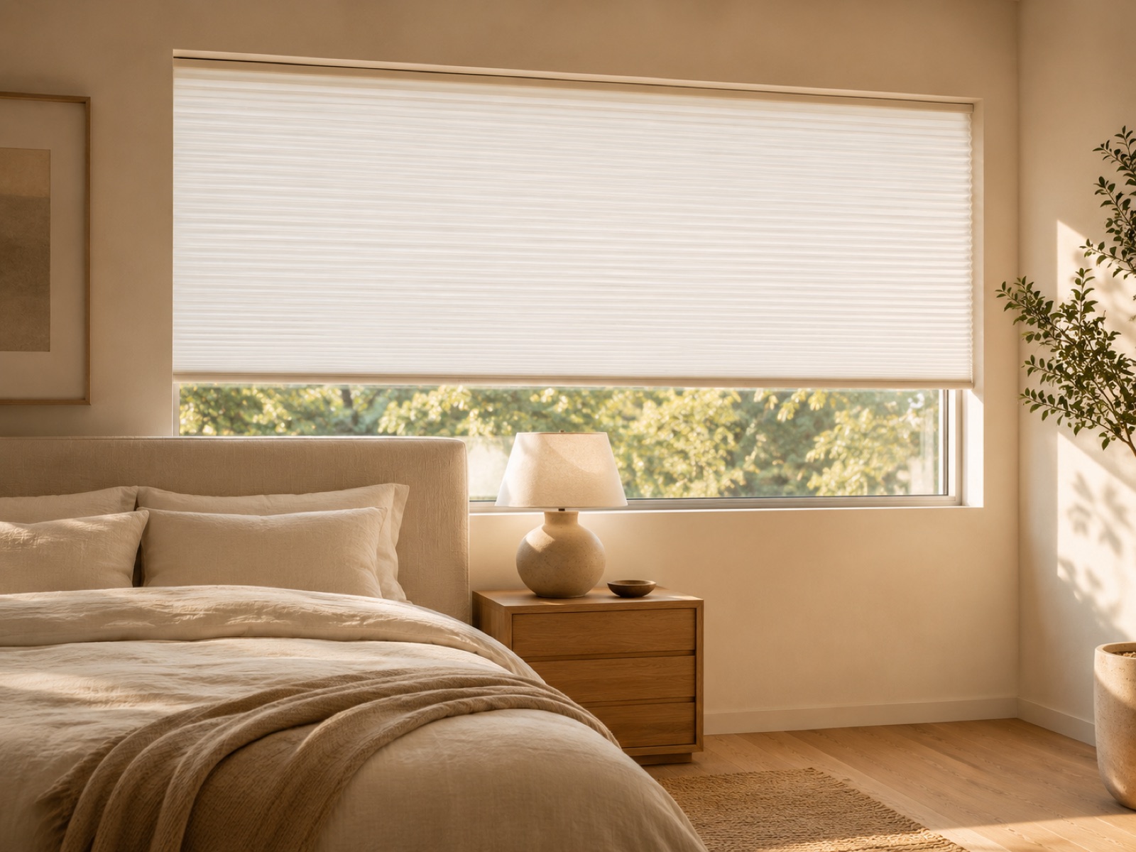 Honeycomb shades with horizontal pleats across a wide bedroom window in a calm interior