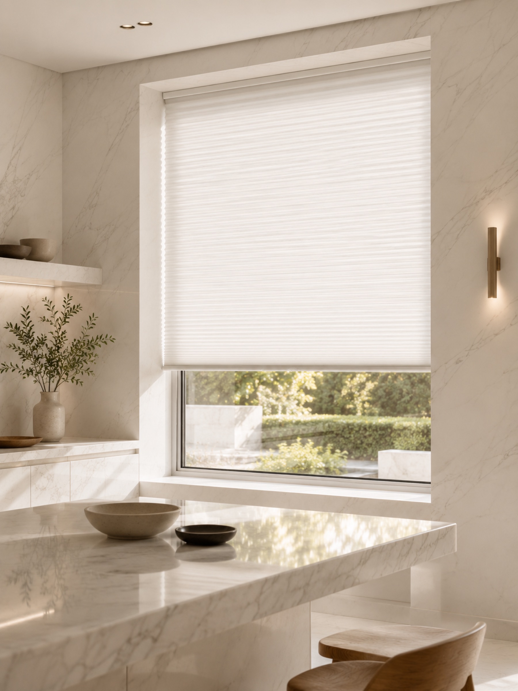 A marble kitchen dressed in a honeycomb shade above a garden-view window