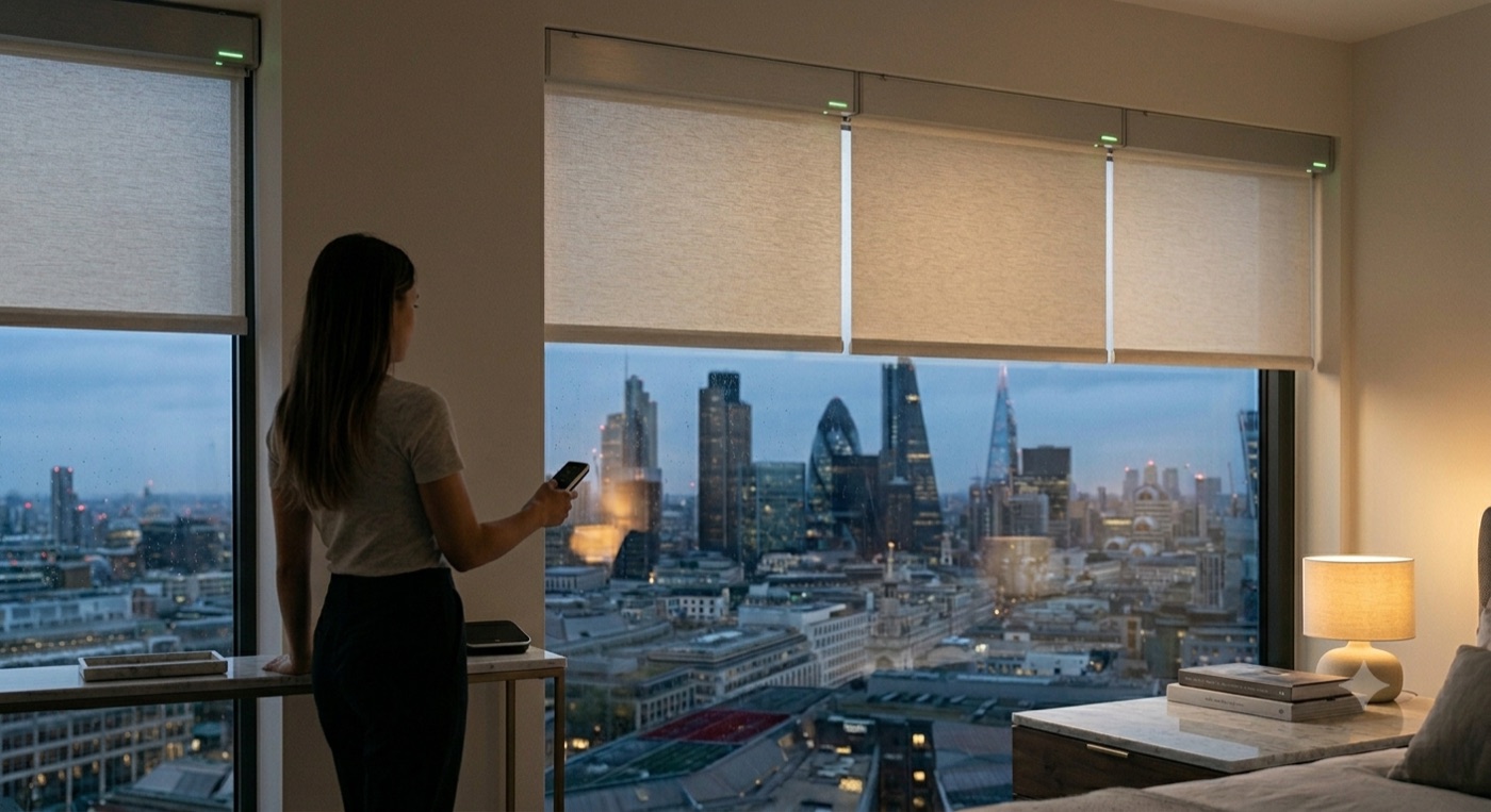 A homeowner controlling motorised shades by phone at dusk, city skyline beyond