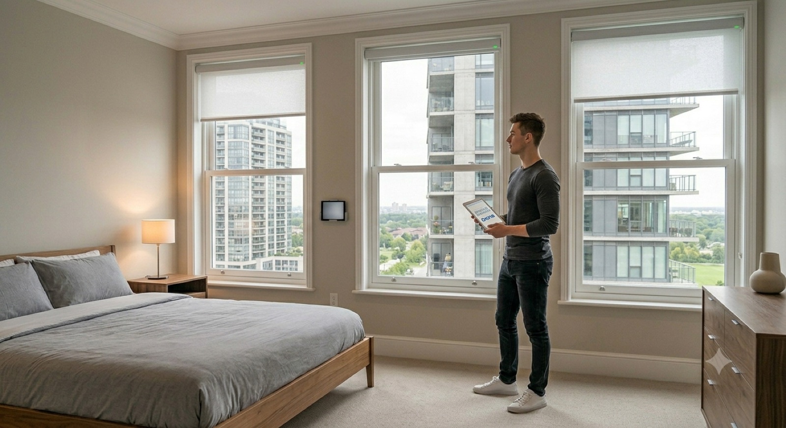 A serene bedroom where motorised shades lower at the tap of a remote