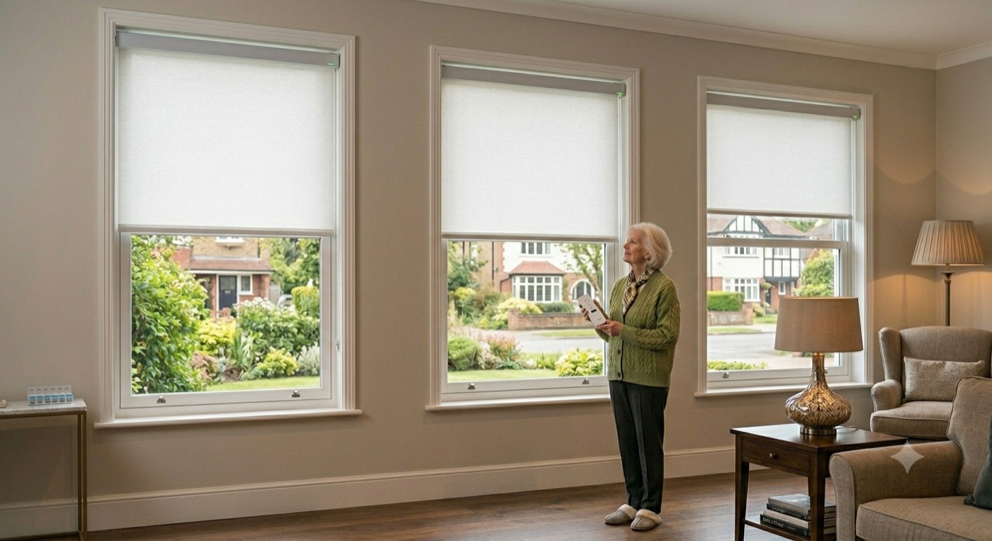 A homeowner adjusting motorised blinds across three windows in a quiet living room