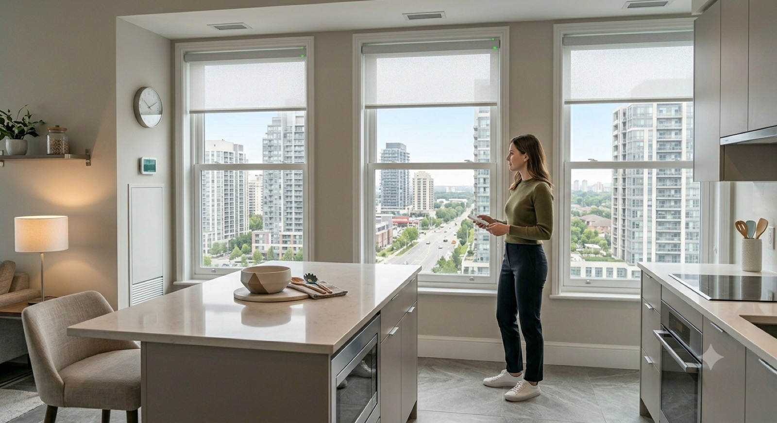 A bright modern kitchen with motorised shades aligned across the city-view windows
