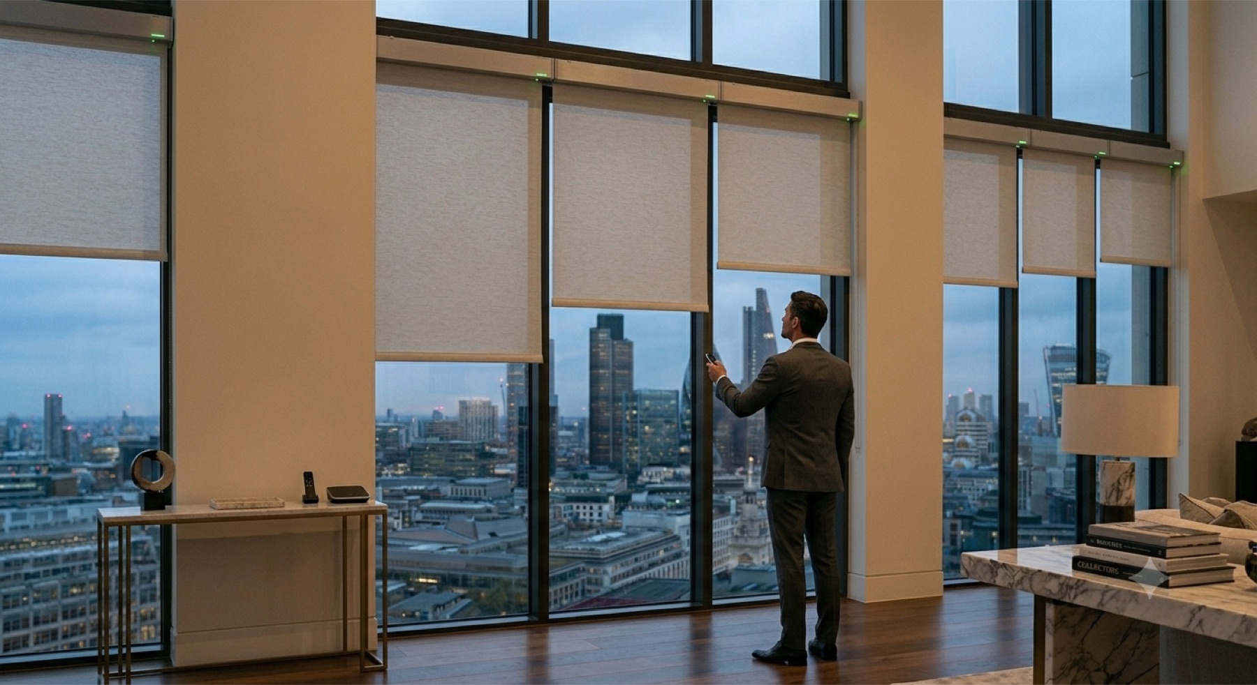 A penthouse interior at twilight with motorised shades lowering in unison across floor-to-ceiling windows