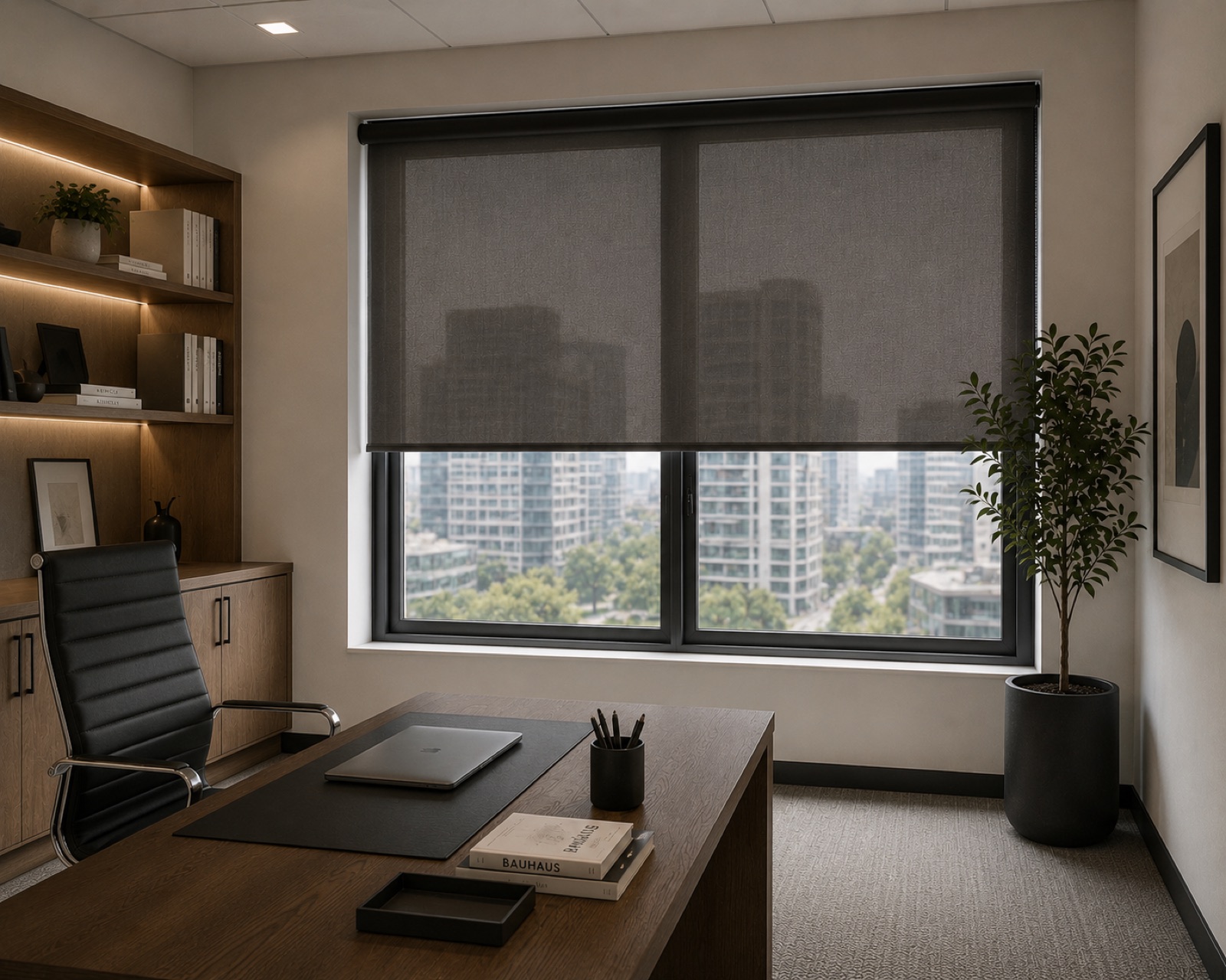 A charcoal roller shade in a home office, technical weave softly diffusing the city view