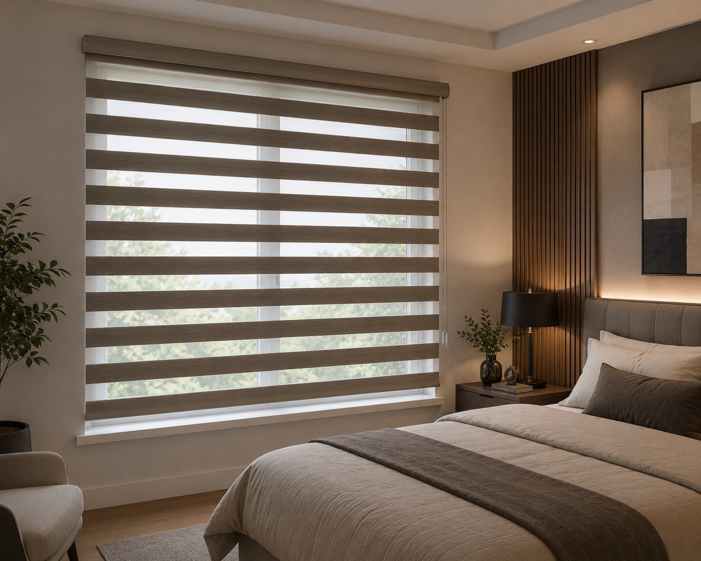 Warm horizontal blinds casting striped shadow across a quiet room