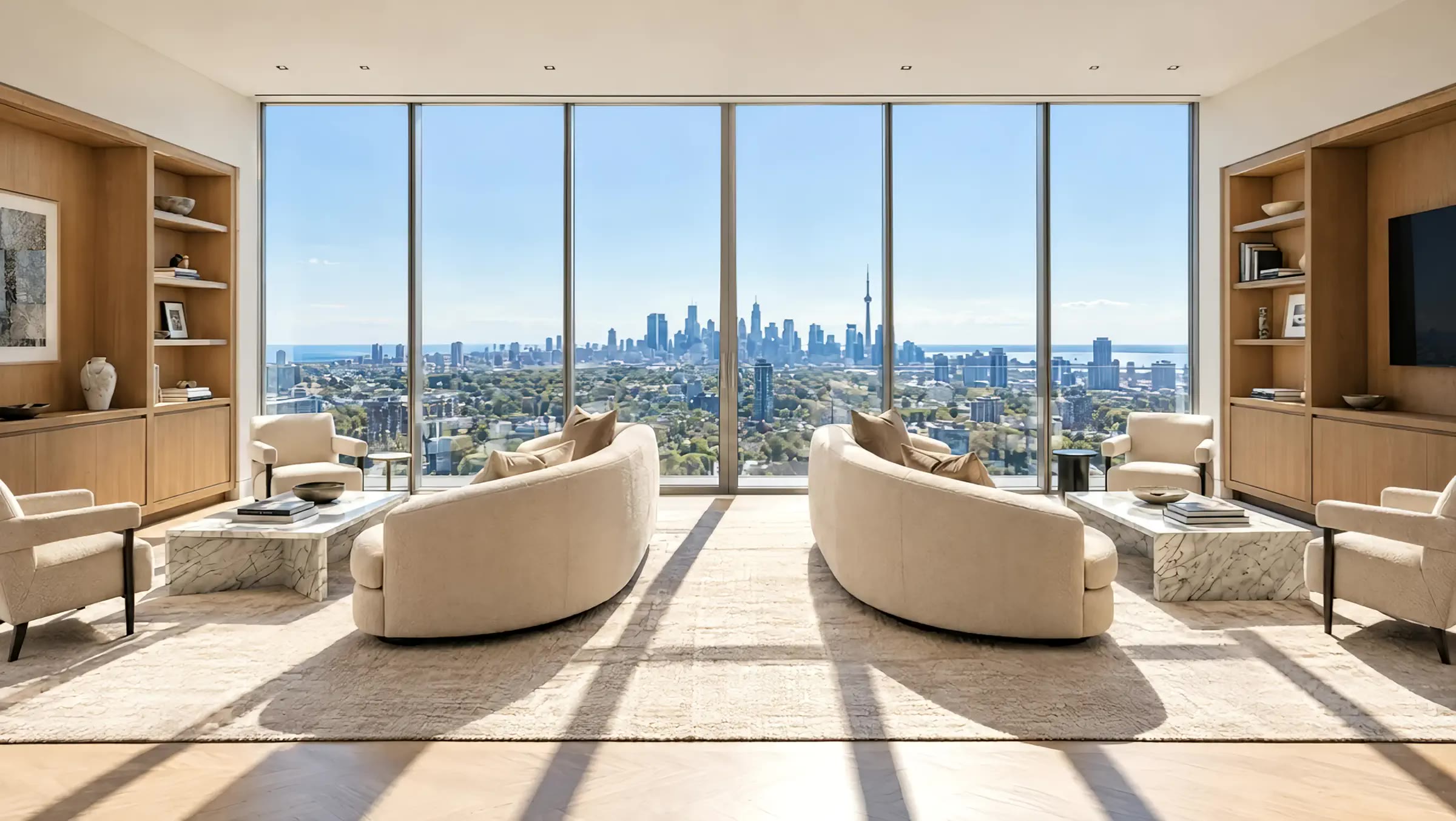 A sunlit Toronto apartment with floor-to-ceiling windows