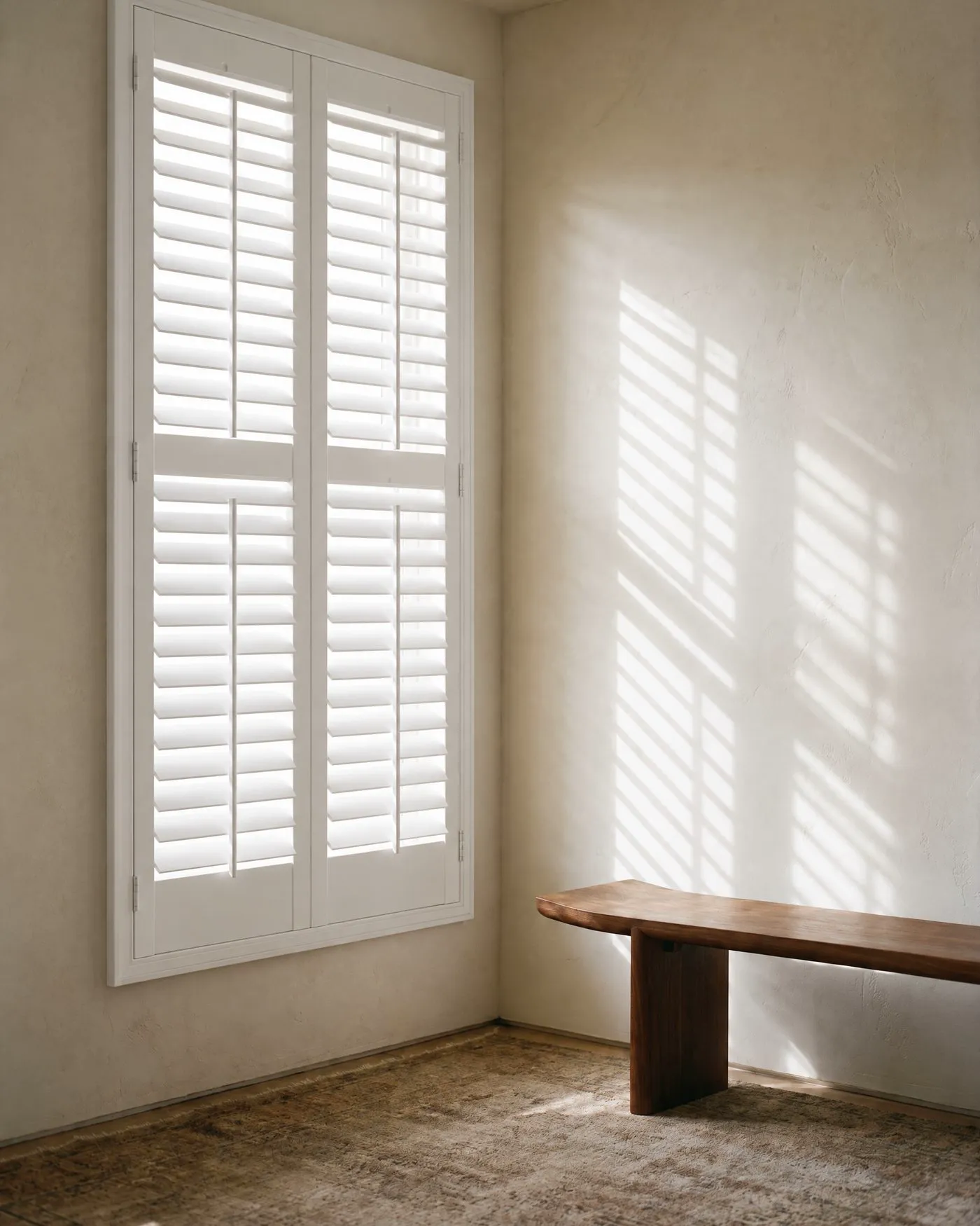 California Shutters — Architectural hardwood, hand-finished in warm whites and naturals