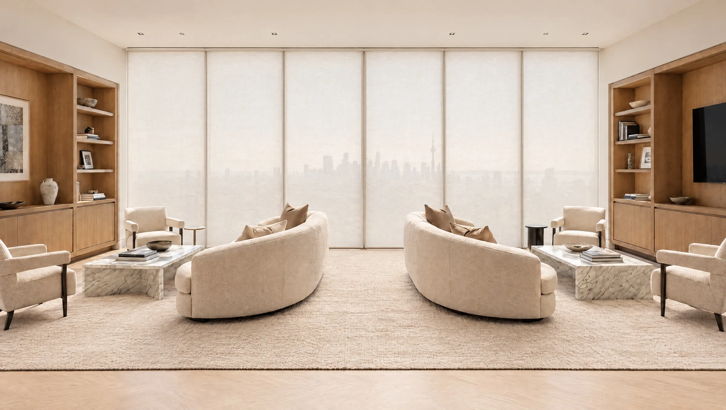The same living room with ivory roller shades lowered to the floor: soft even daylight and full privacy
