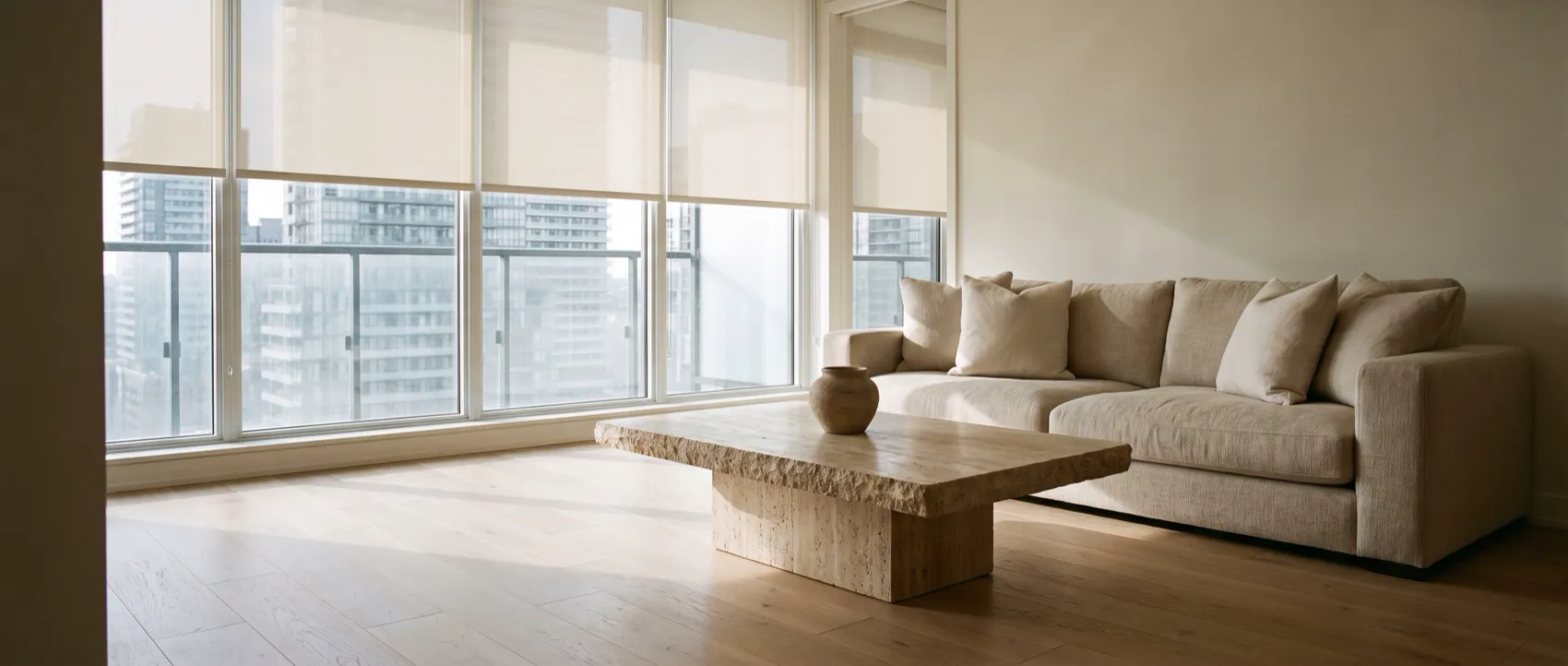 Living Room — Zebra blinds or shutters — privacy that keeps the view.